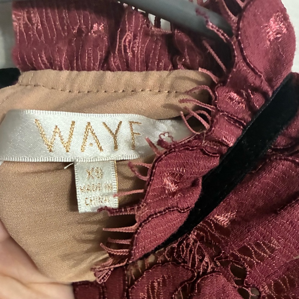 Wayf Burgundy Lace Long-Sleeve Blouse with Velvet Trim - Picture 2 of 6